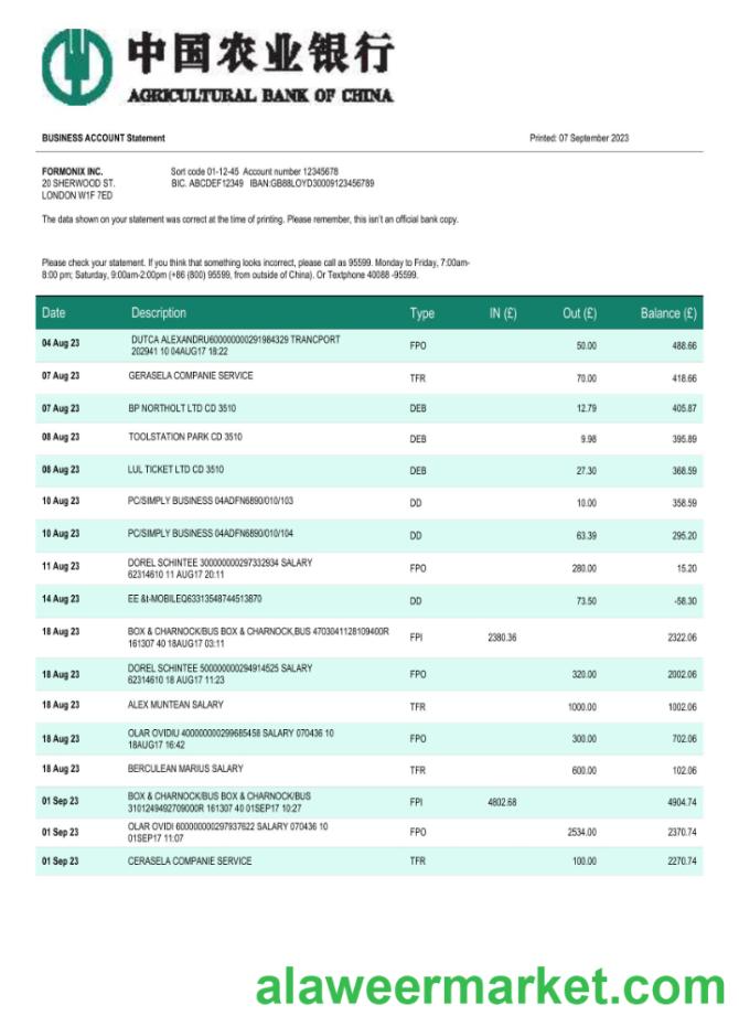 Agricultural bank of China business account statement Word and PDF template